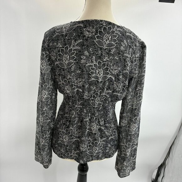 LOFT Women's Black White Silk Top S Floral Print - Picture 4 of 6